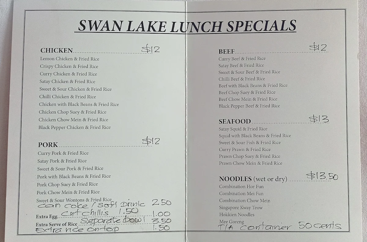 Menu, Swan Lake Chinese Restaurant
