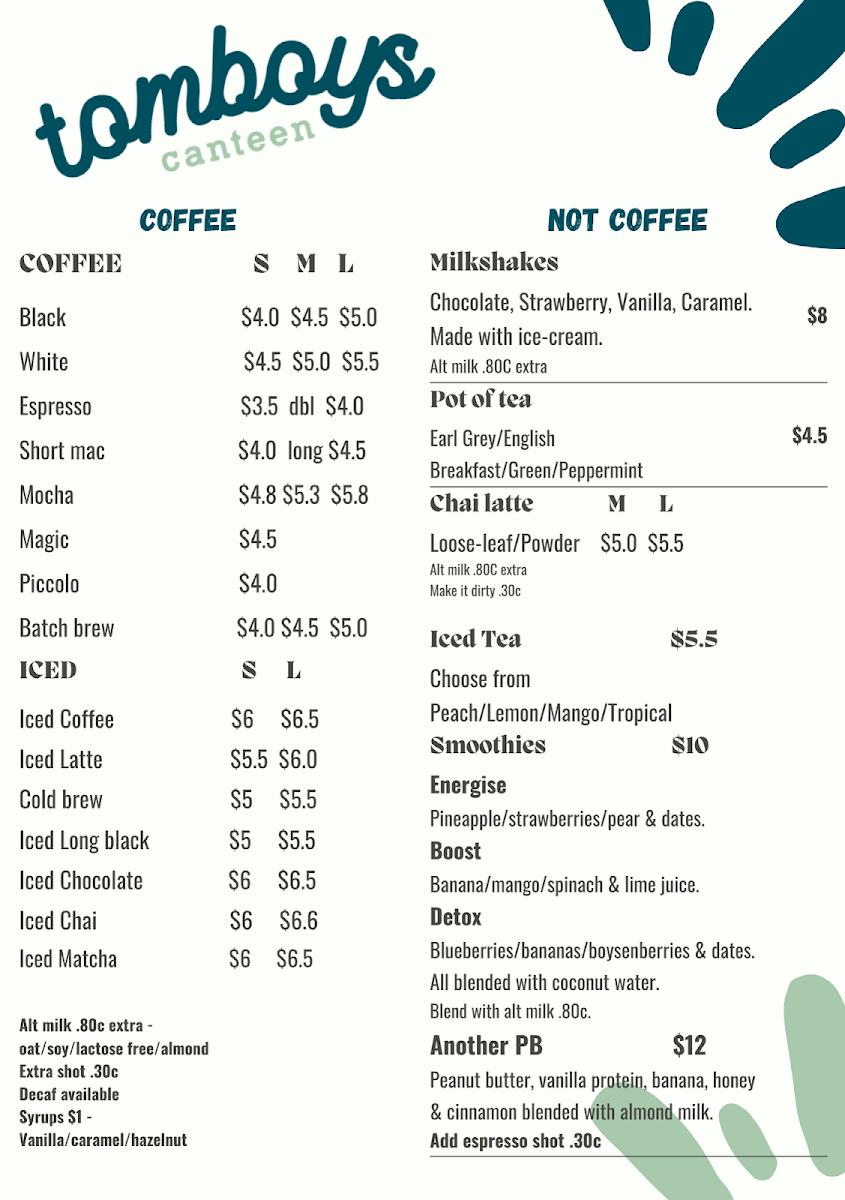 Menu, tomboys canteen
