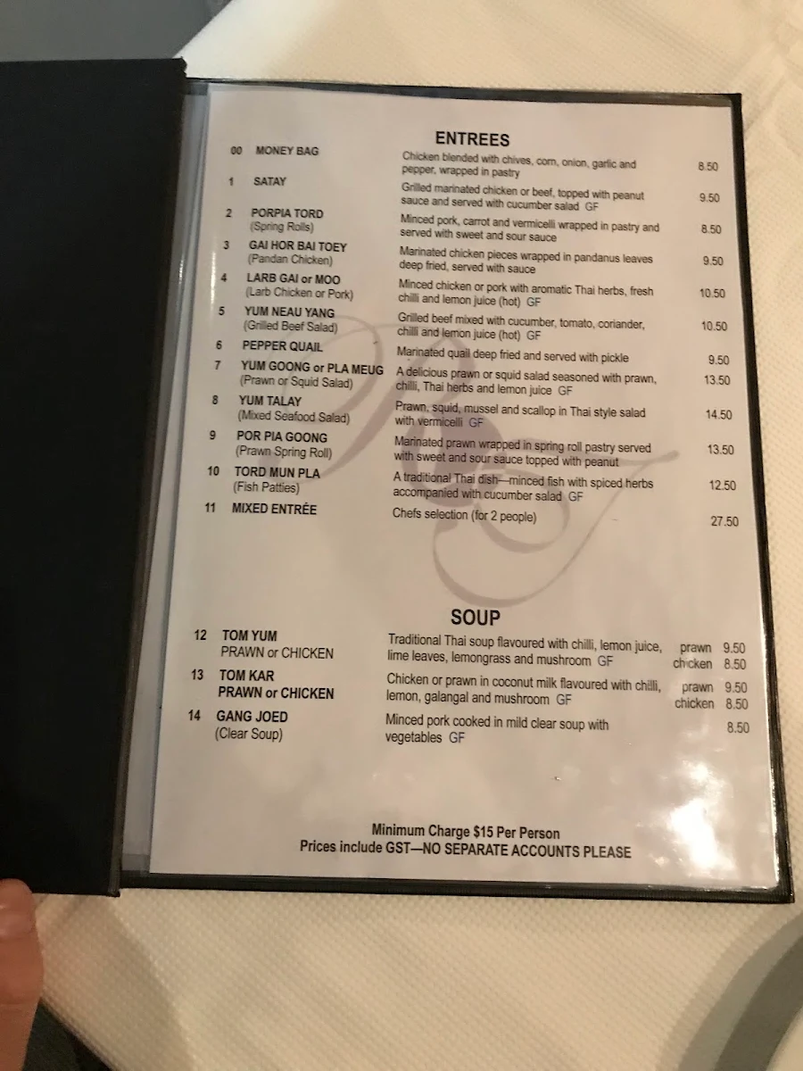 Menu, Regent Thai