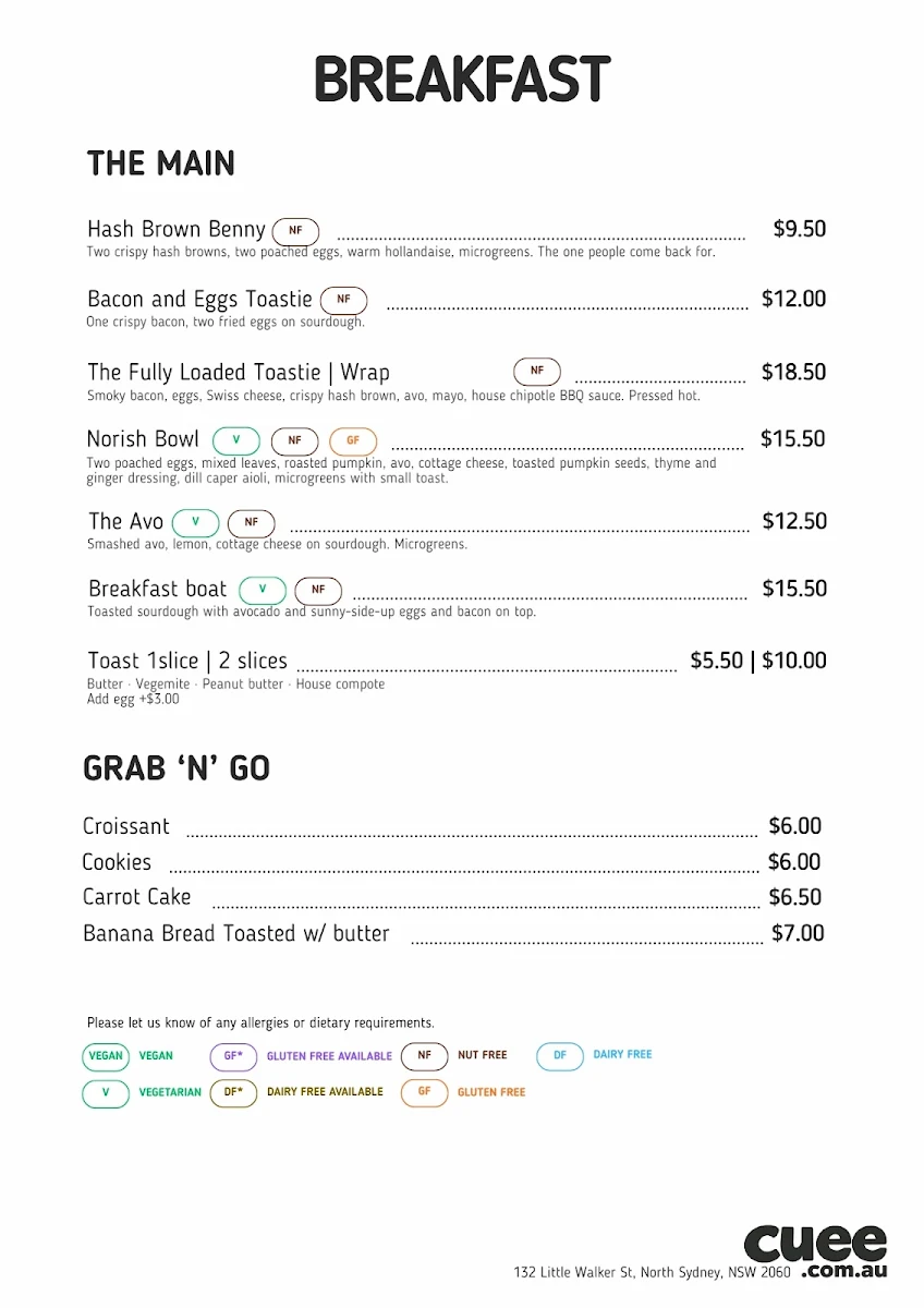 Menu, Cu ee café