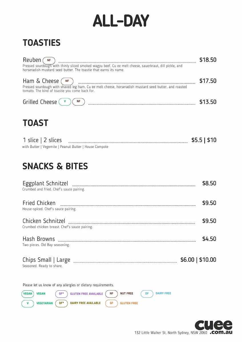 Menu, Cu ee café