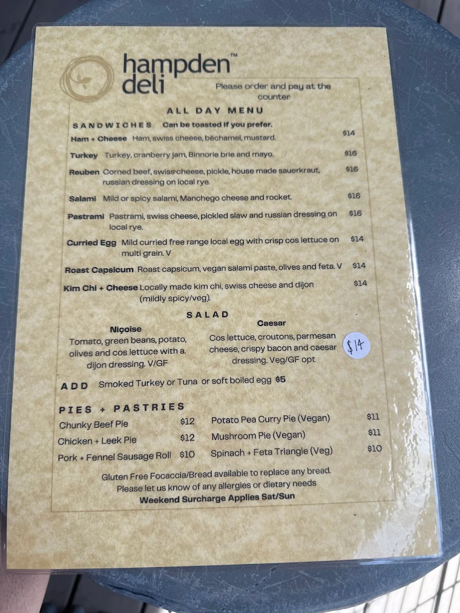 Menu, Hampden Deli