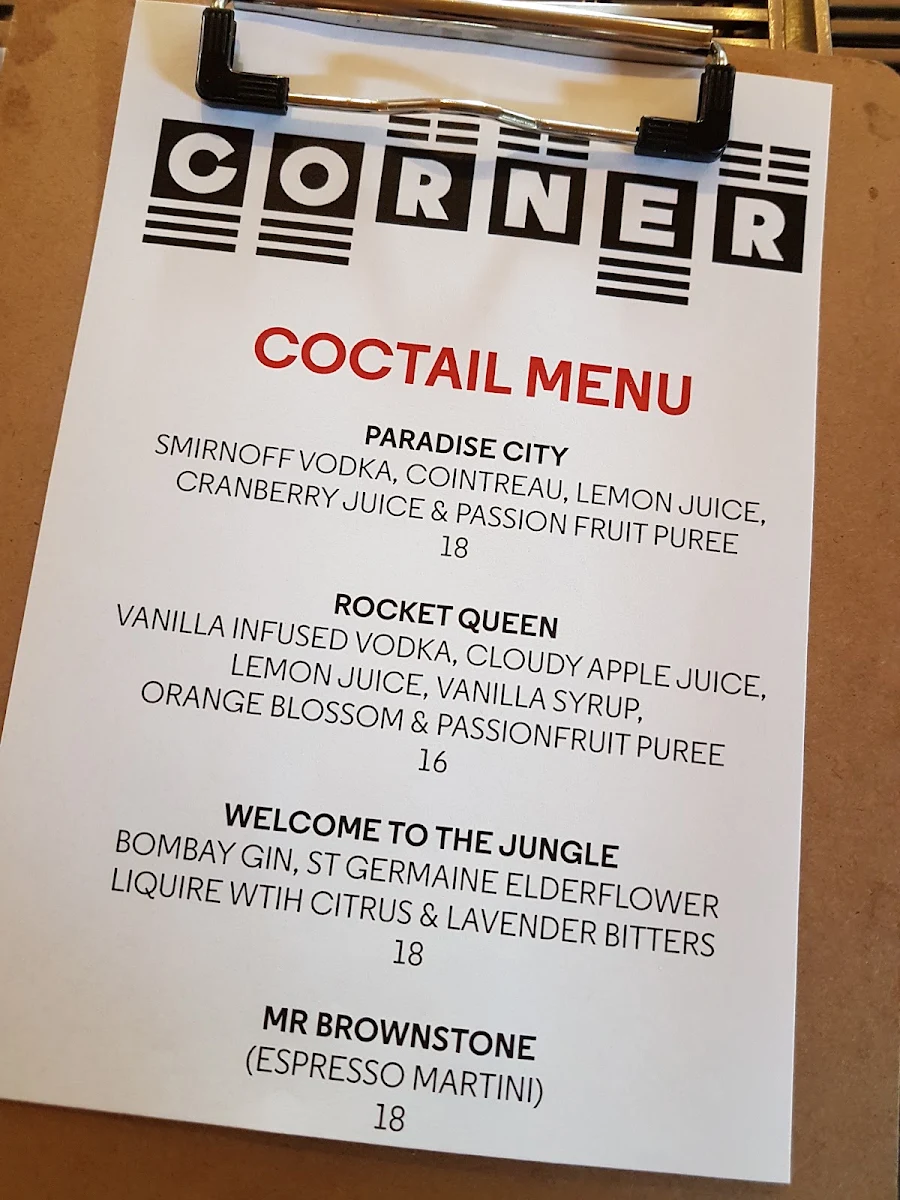Menu, Corner Hotel