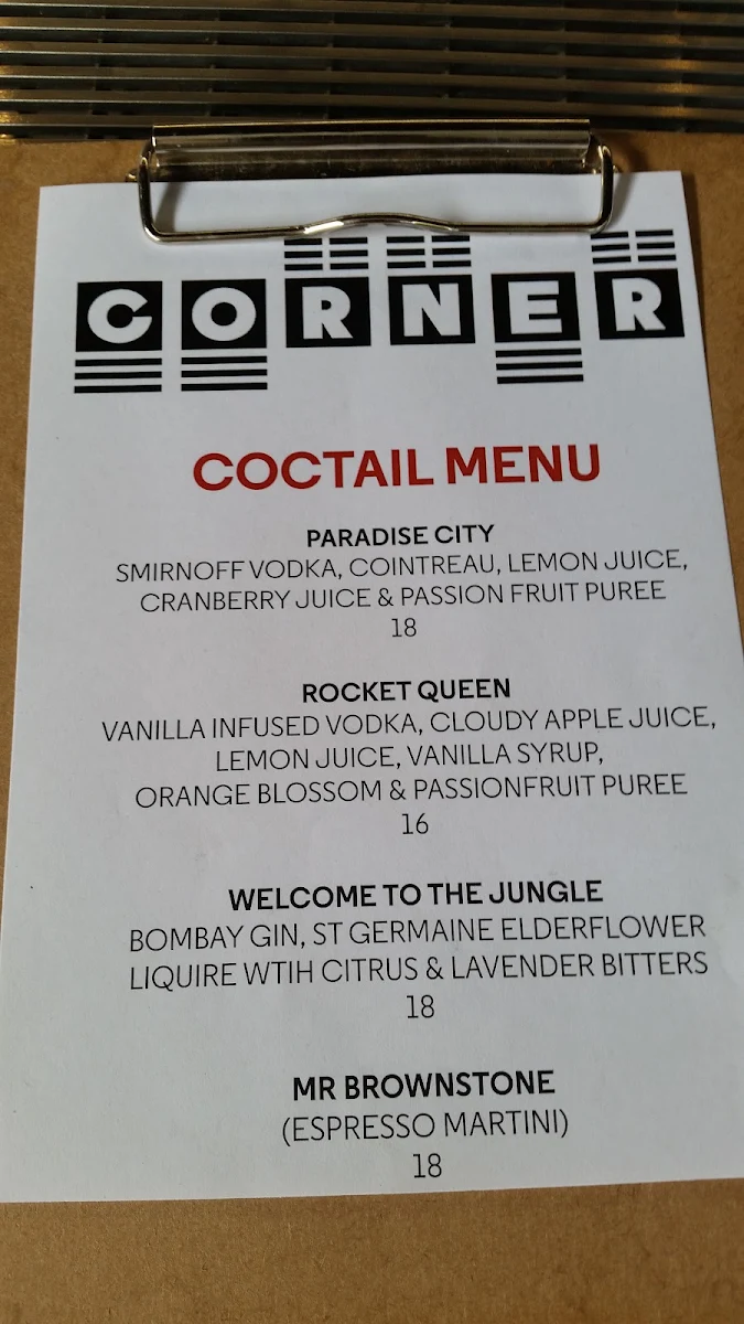 Menu, Corner Hotel