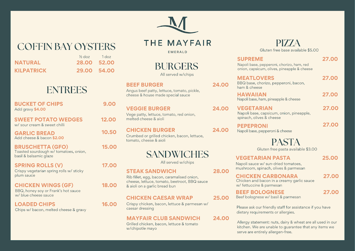 Menu, The Mayfair Emerald