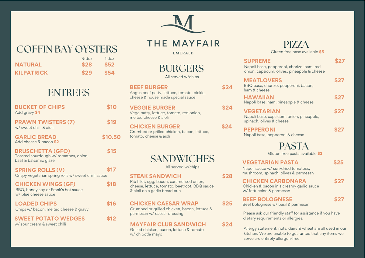 Menu, The Mayfair Emerald