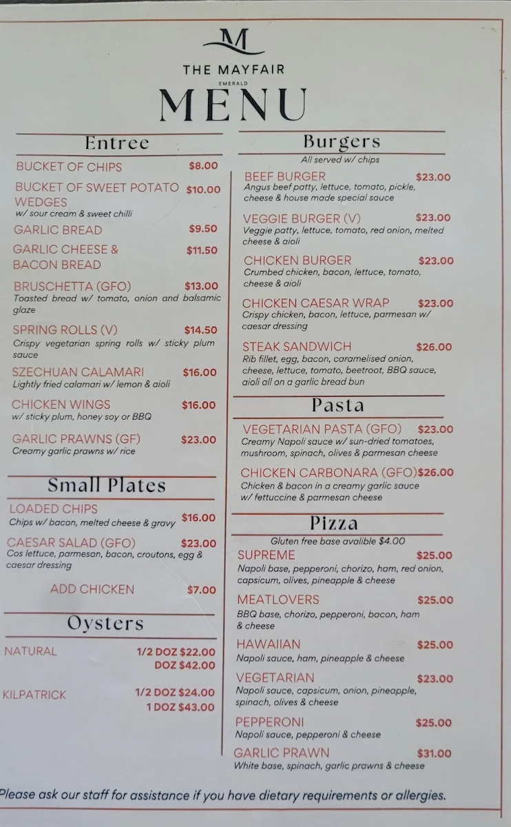 Menu, The Mayfair Emerald