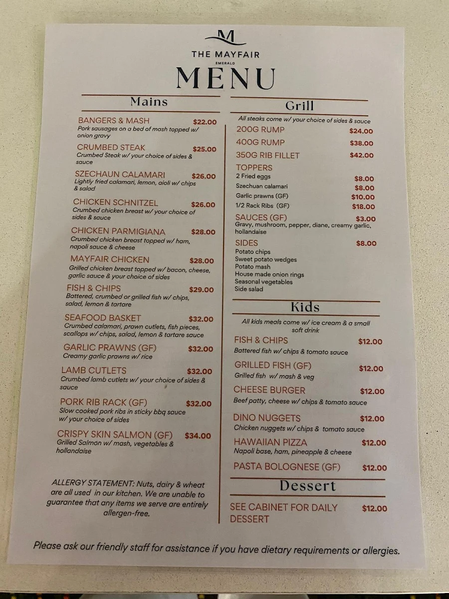 Menu, The Mayfair Emerald