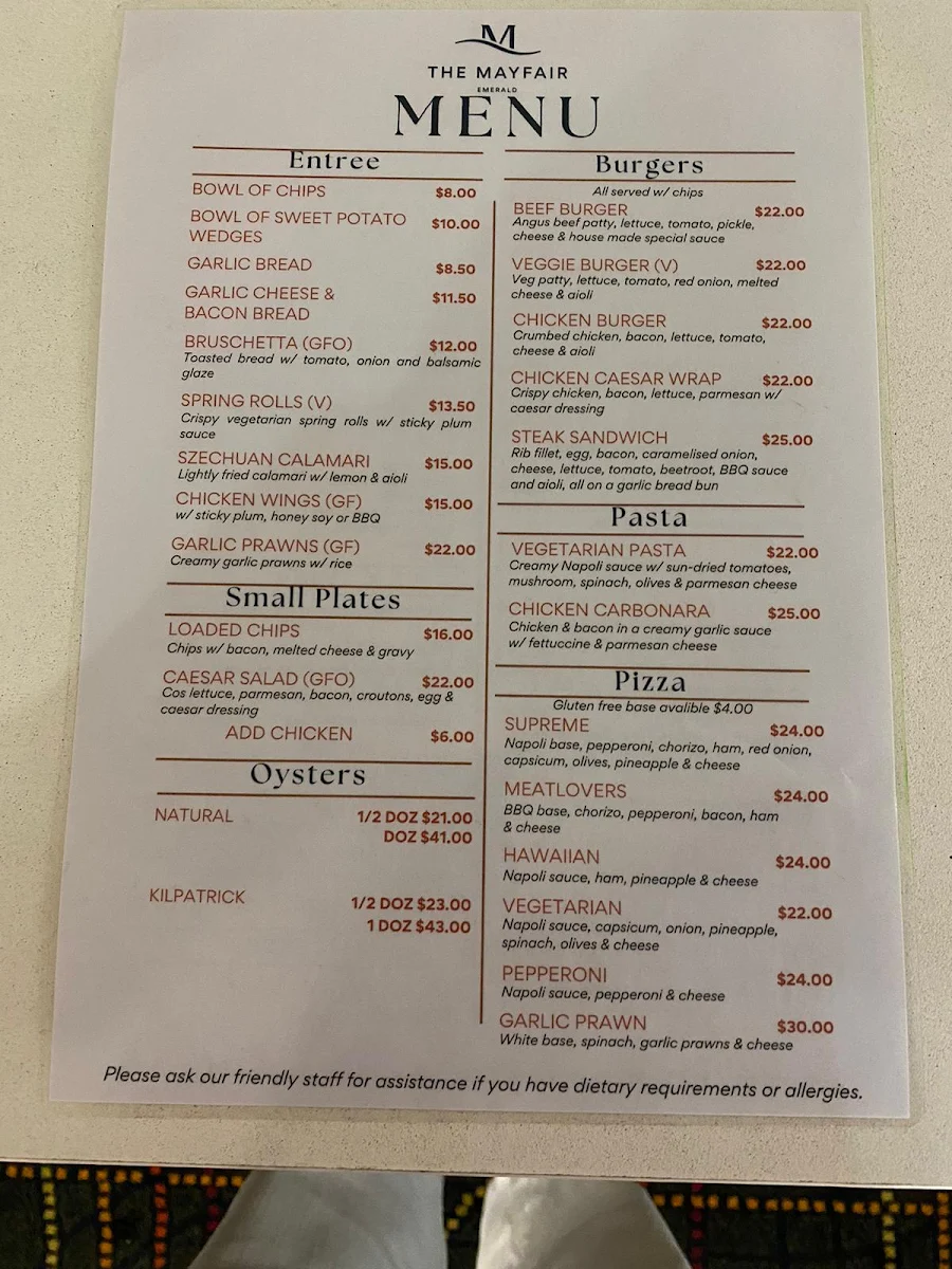 Menu, The Mayfair Emerald