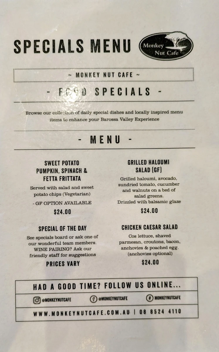 Menu, Monkey Nut Café - Barossa Valley