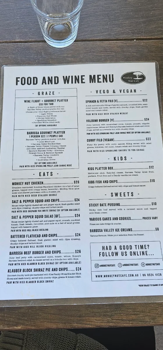 Menu, Monkey Nut Café - Barossa Valley