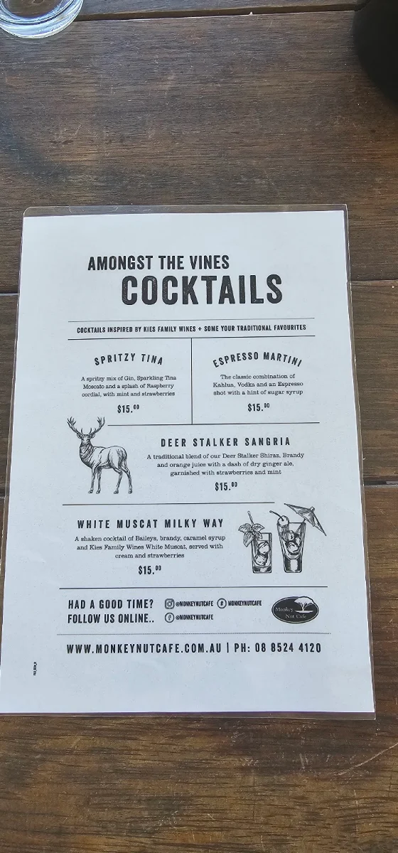 Menu, Monkey Nut Café - Barossa Valley