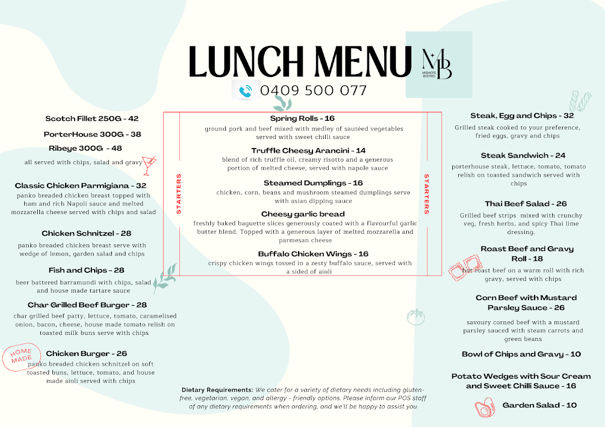 Menu, Memo’s Bistro