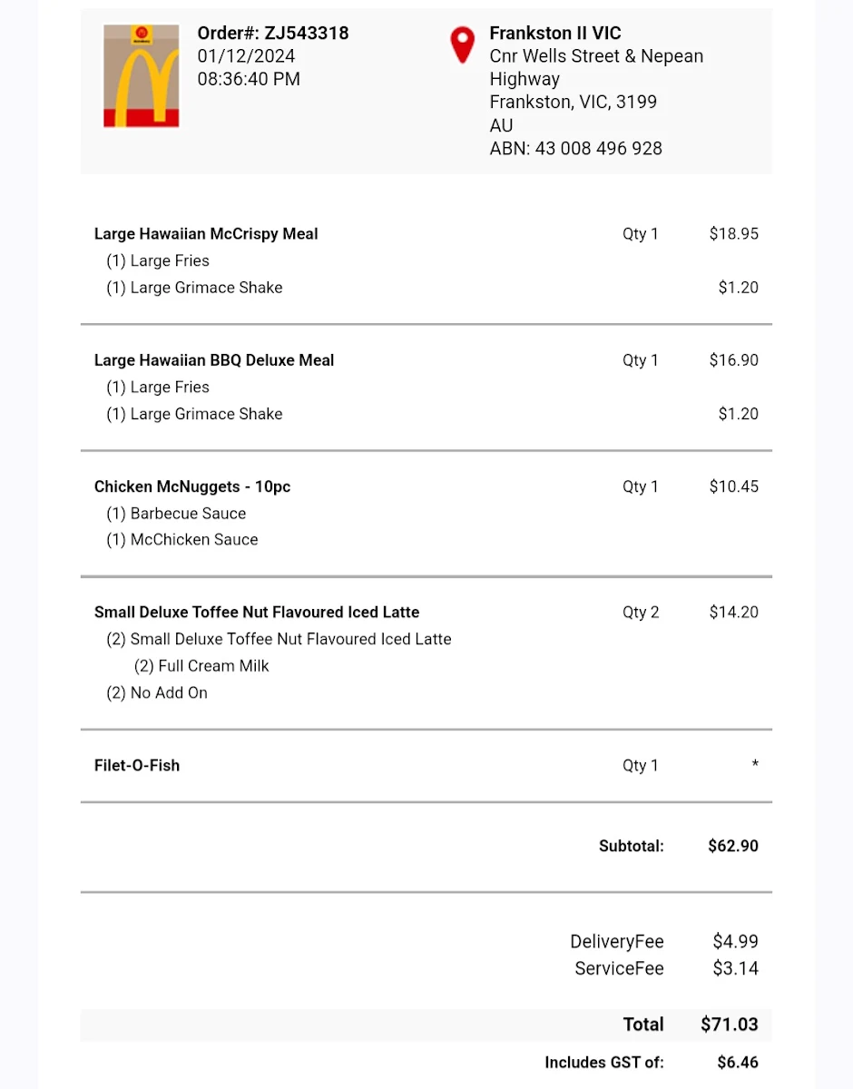Menu, McDonald's Frankston North