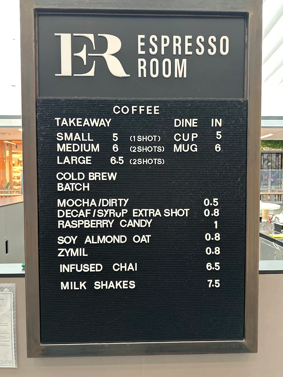 Menu, Espresso Room Gungahlin