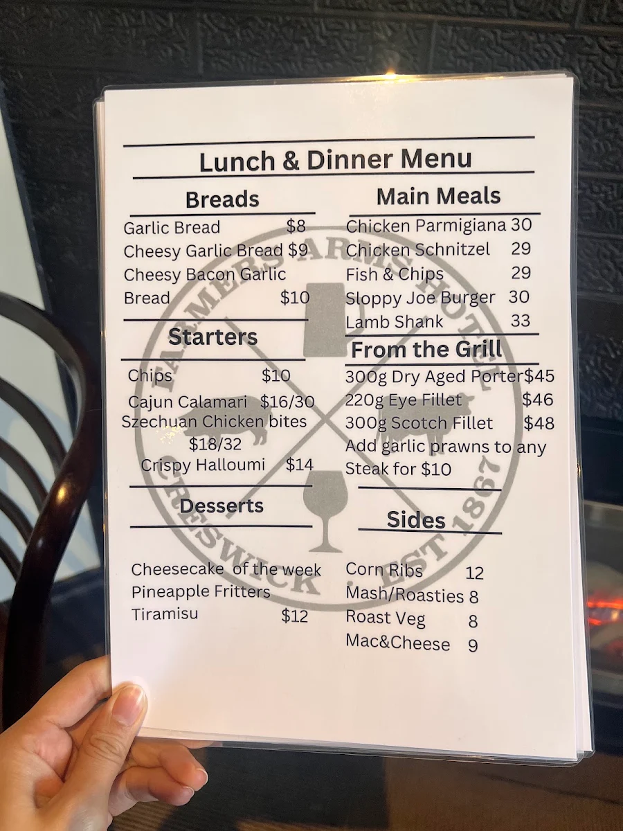Menu, Farmers Arms Creswick