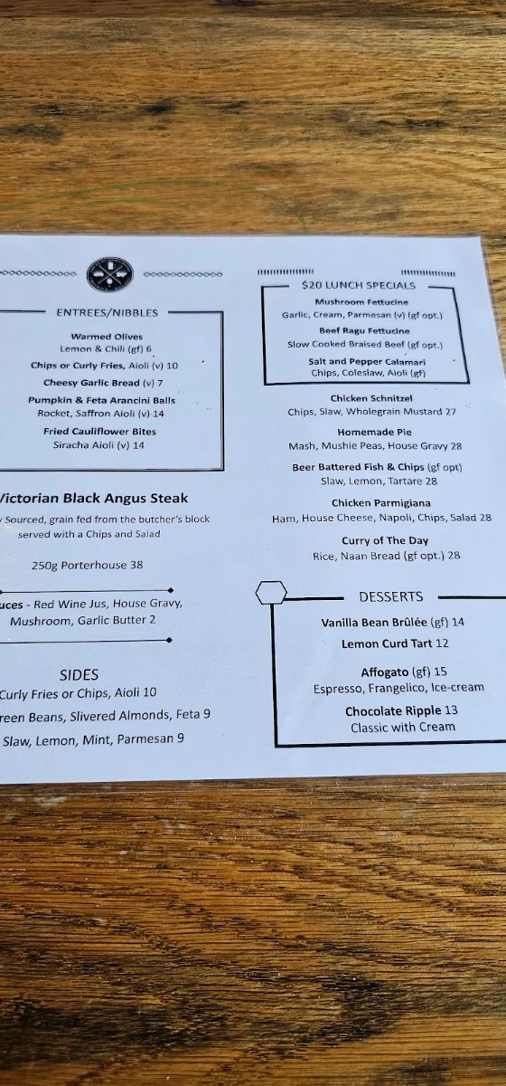 Menu, Farmers Arms Creswick