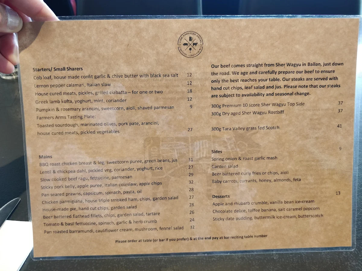 Menu, Farmers Arms Creswick