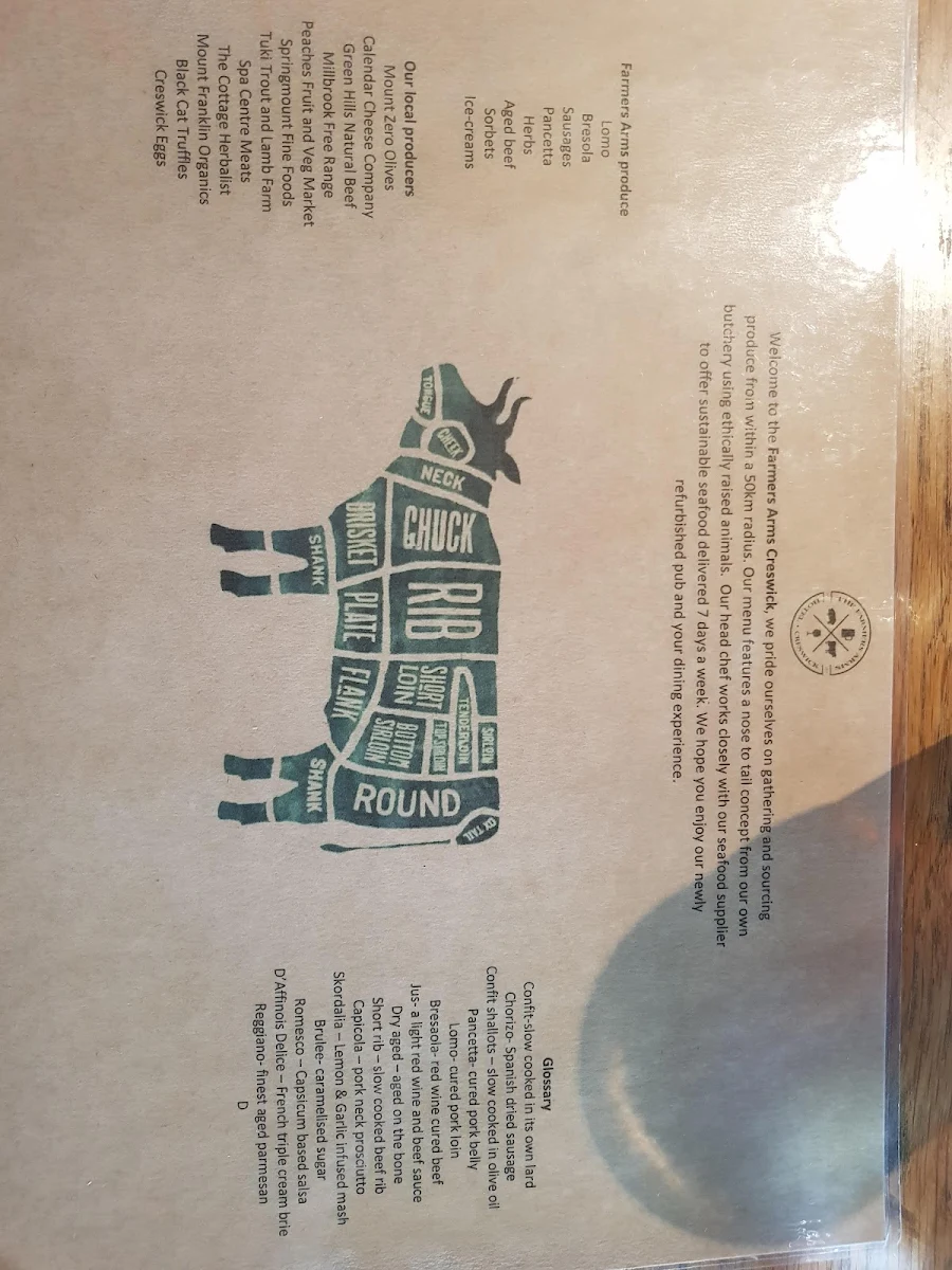 Menu, Farmers Arms Creswick