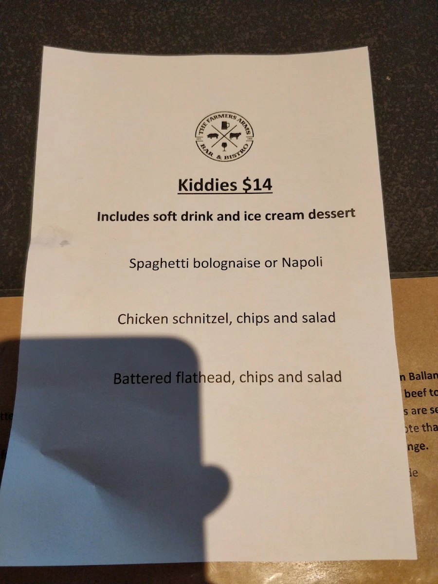 Menu, Farmers Arms Creswick
