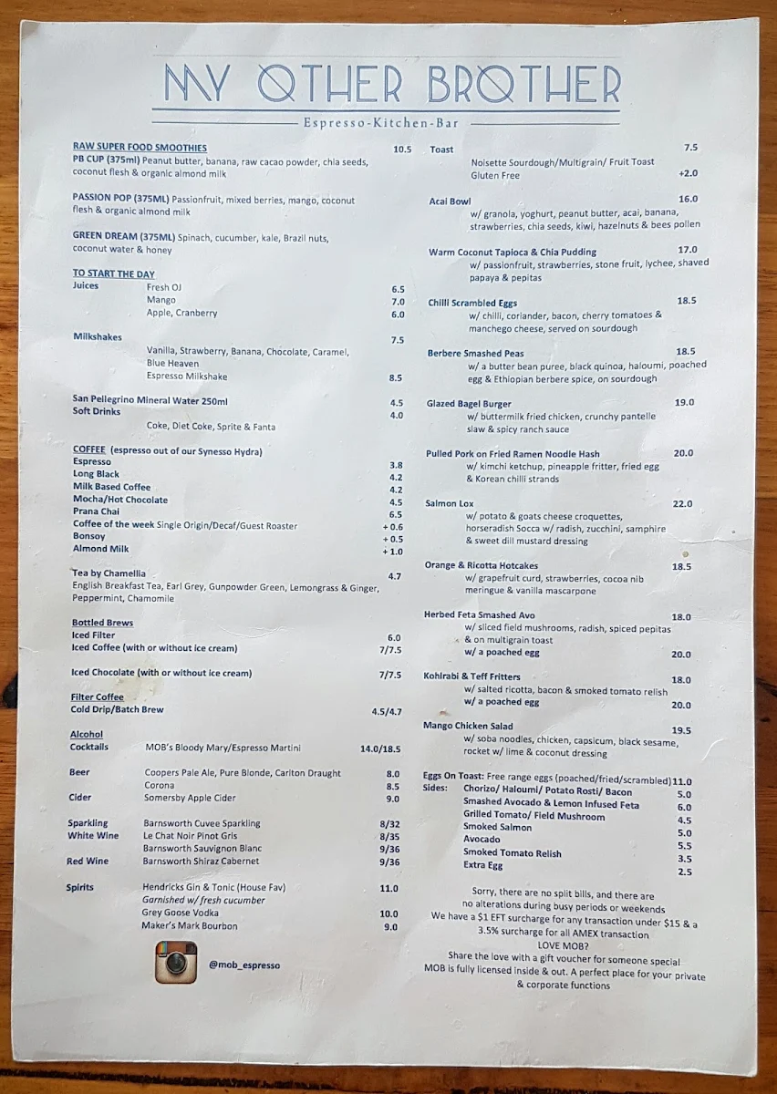 Menu, MOB Camberwell