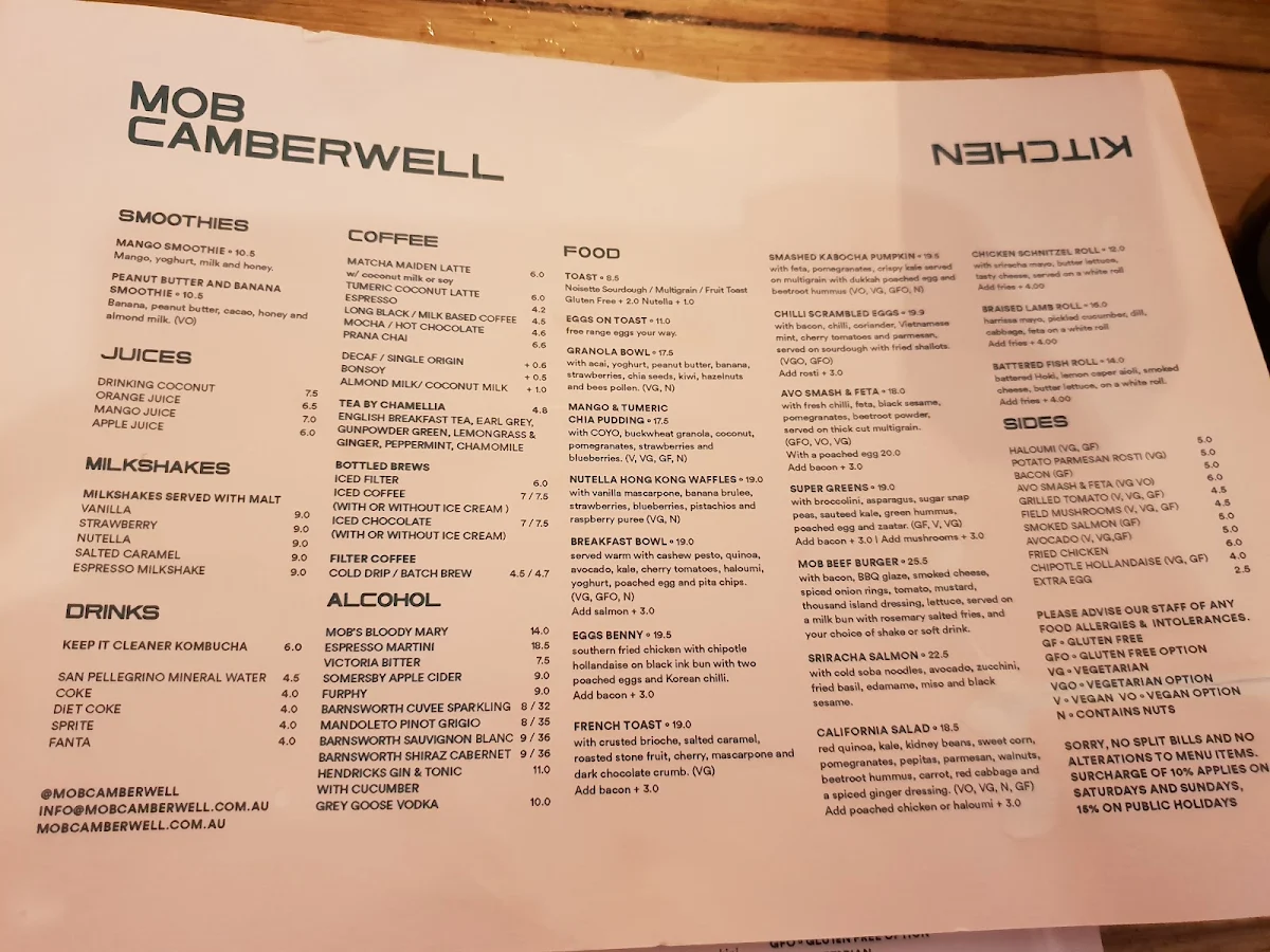 Menu, MOB Camberwell