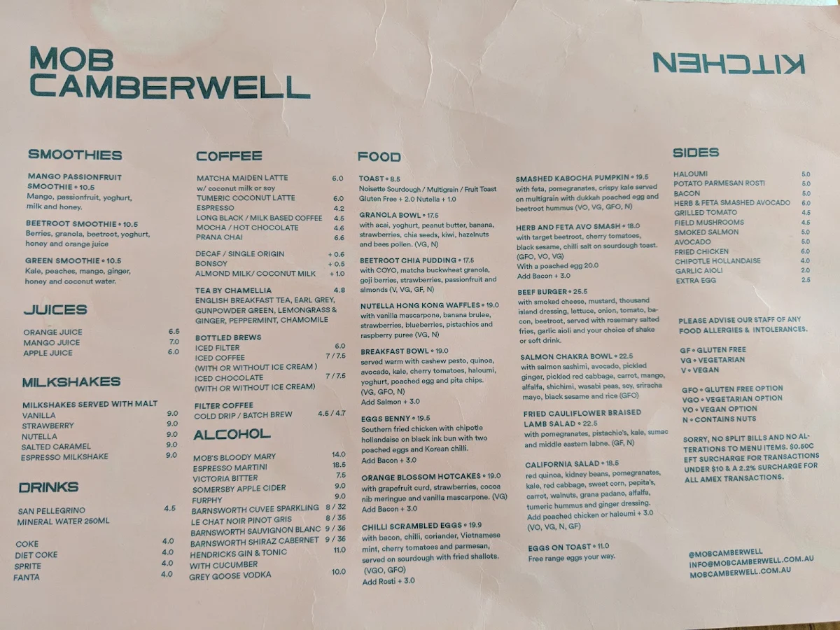 Menu, MOB Camberwell