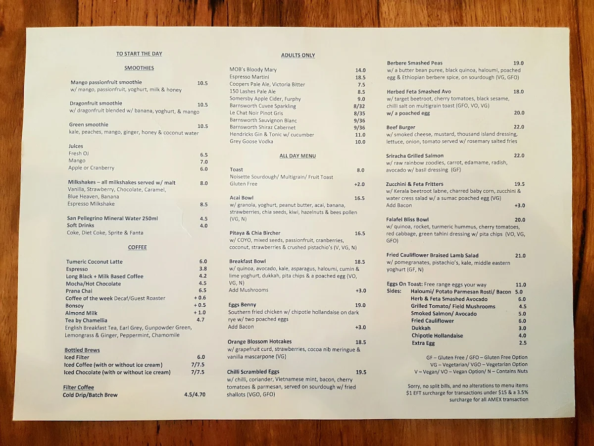 Menu, MOB Camberwell
