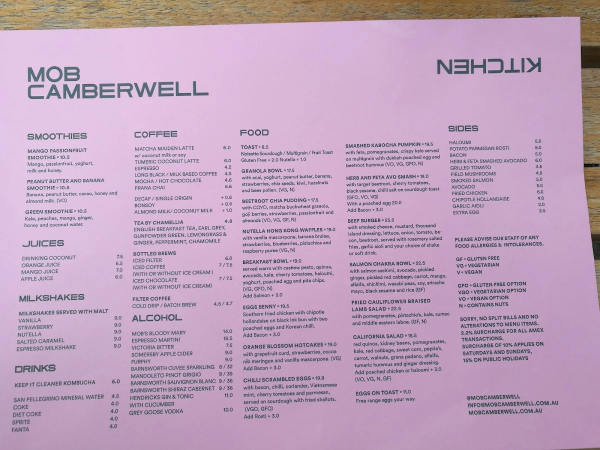 Menu, MOB Camberwell