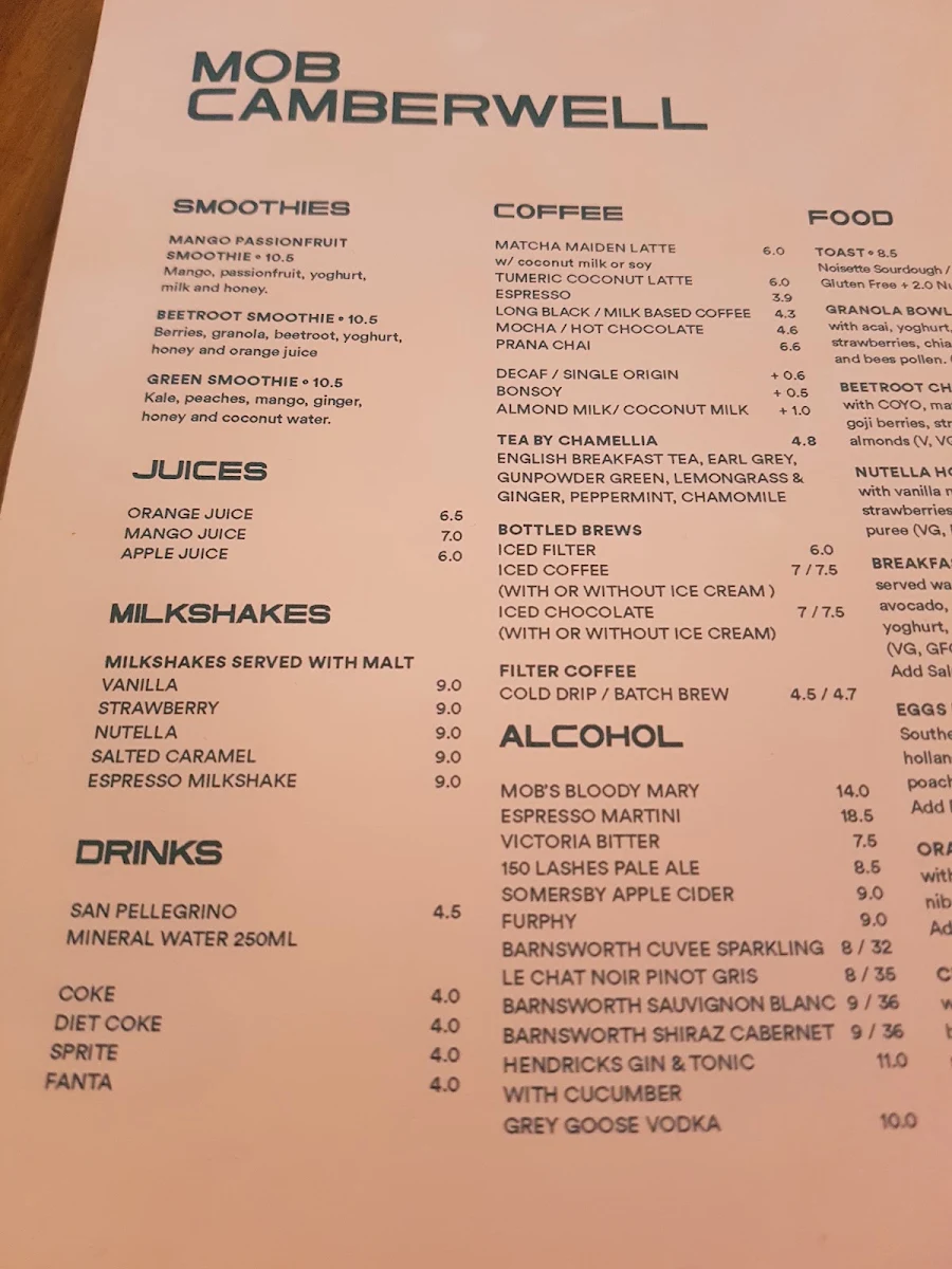 Menu, MOB Camberwell