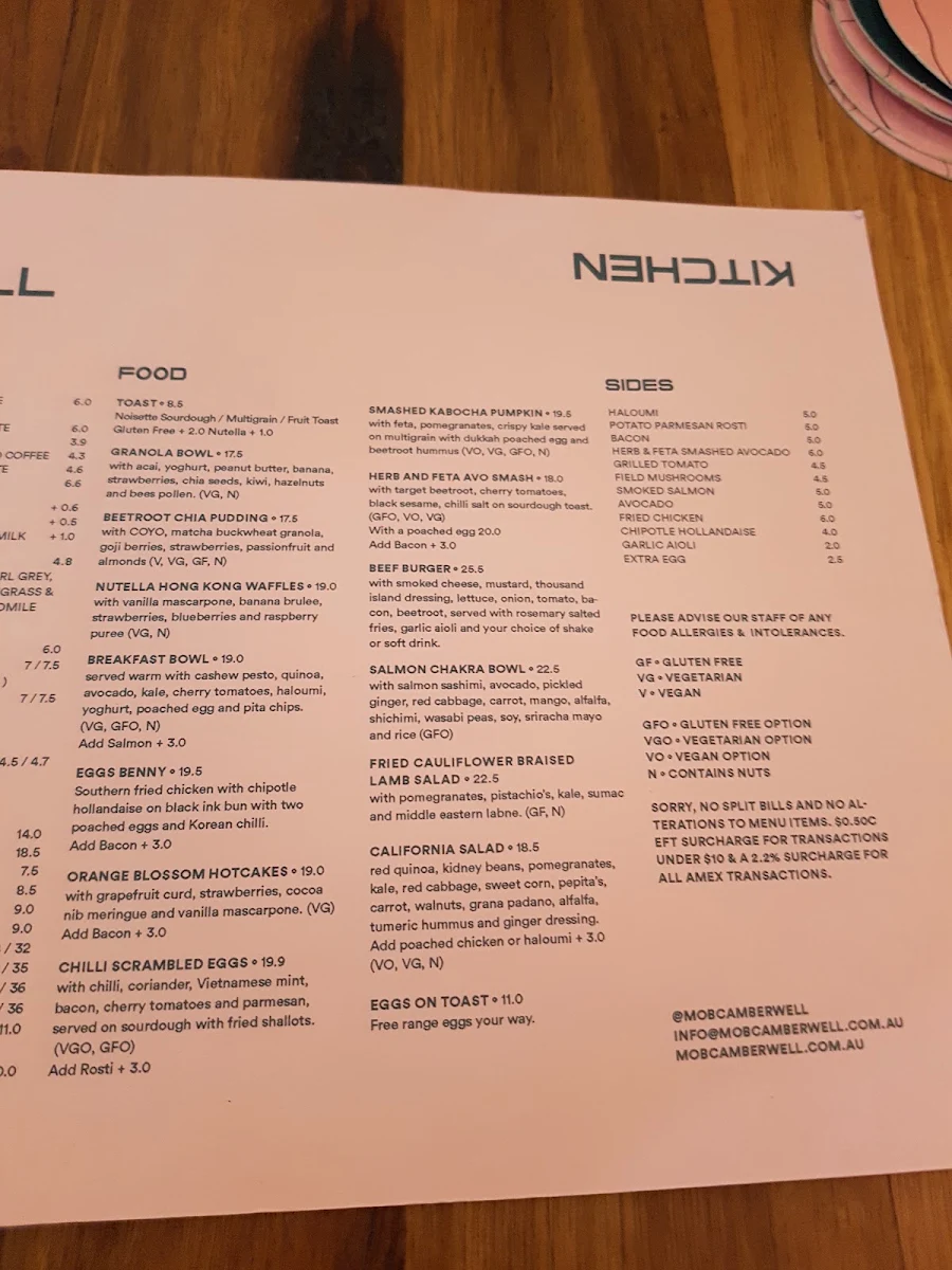 Menu, MOB Camberwell
