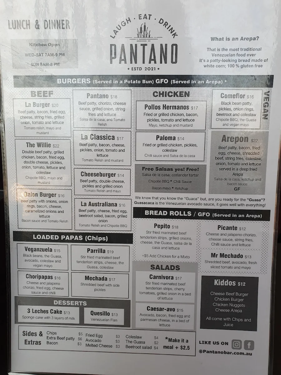 Menu, Pantano Bar
