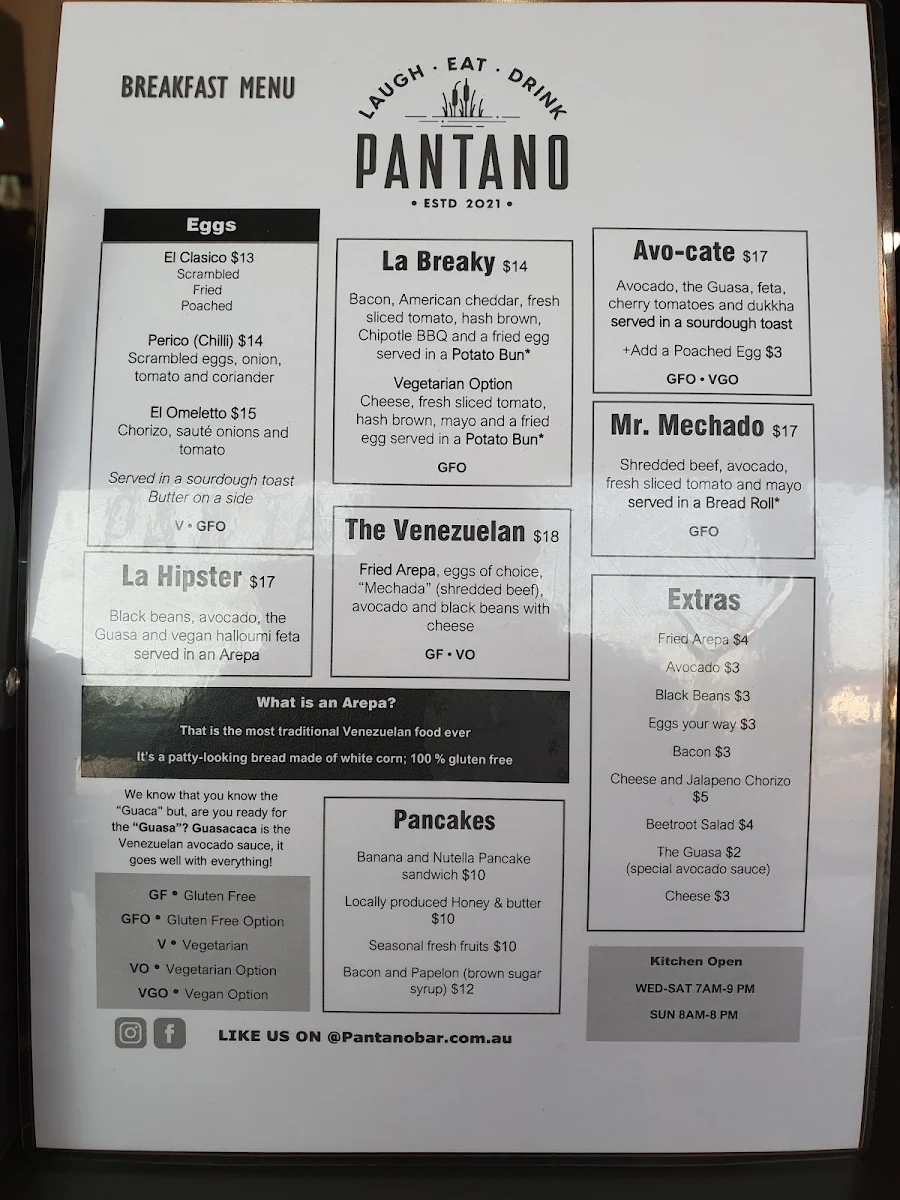 Menu, Pantano Bar