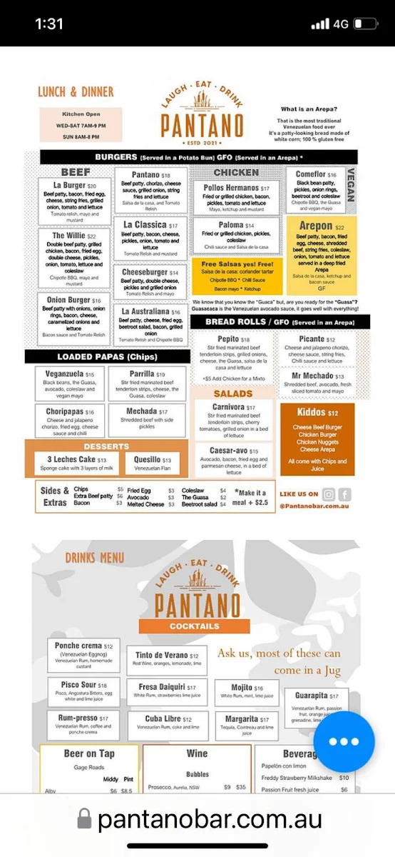 Menu, Pantano Bar