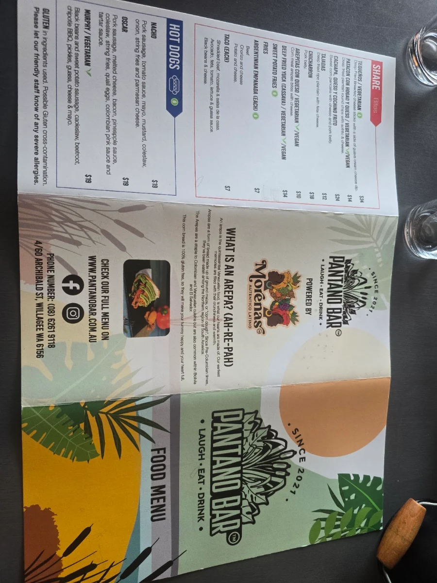 Menu, Pantano Bar