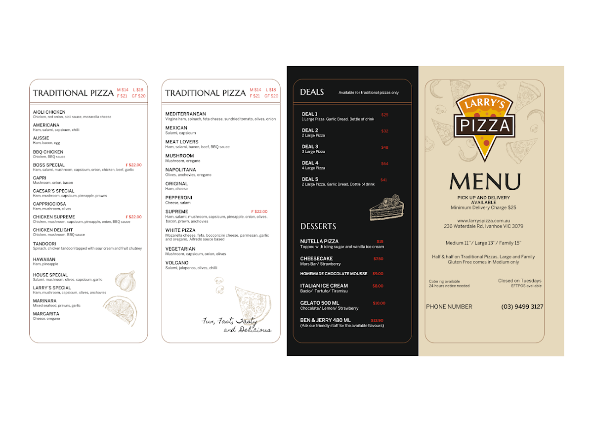 Menu, Larry's Pizza