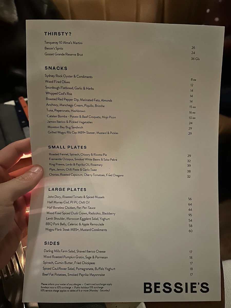 Menu, Bessie's & Alma's