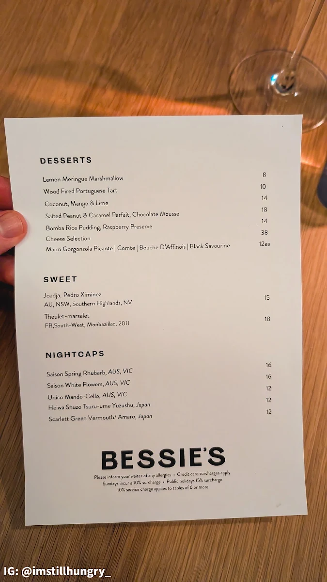 Menu, Bessie's & Alma's