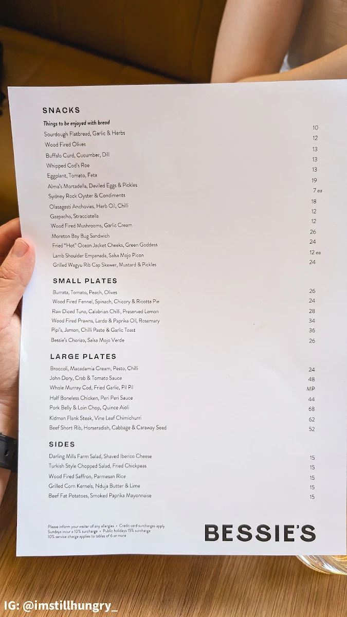 Menu, Bessie's & Alma's