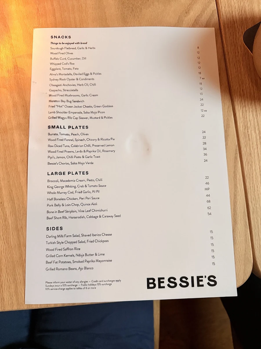 Menu, Bessie's & Alma's