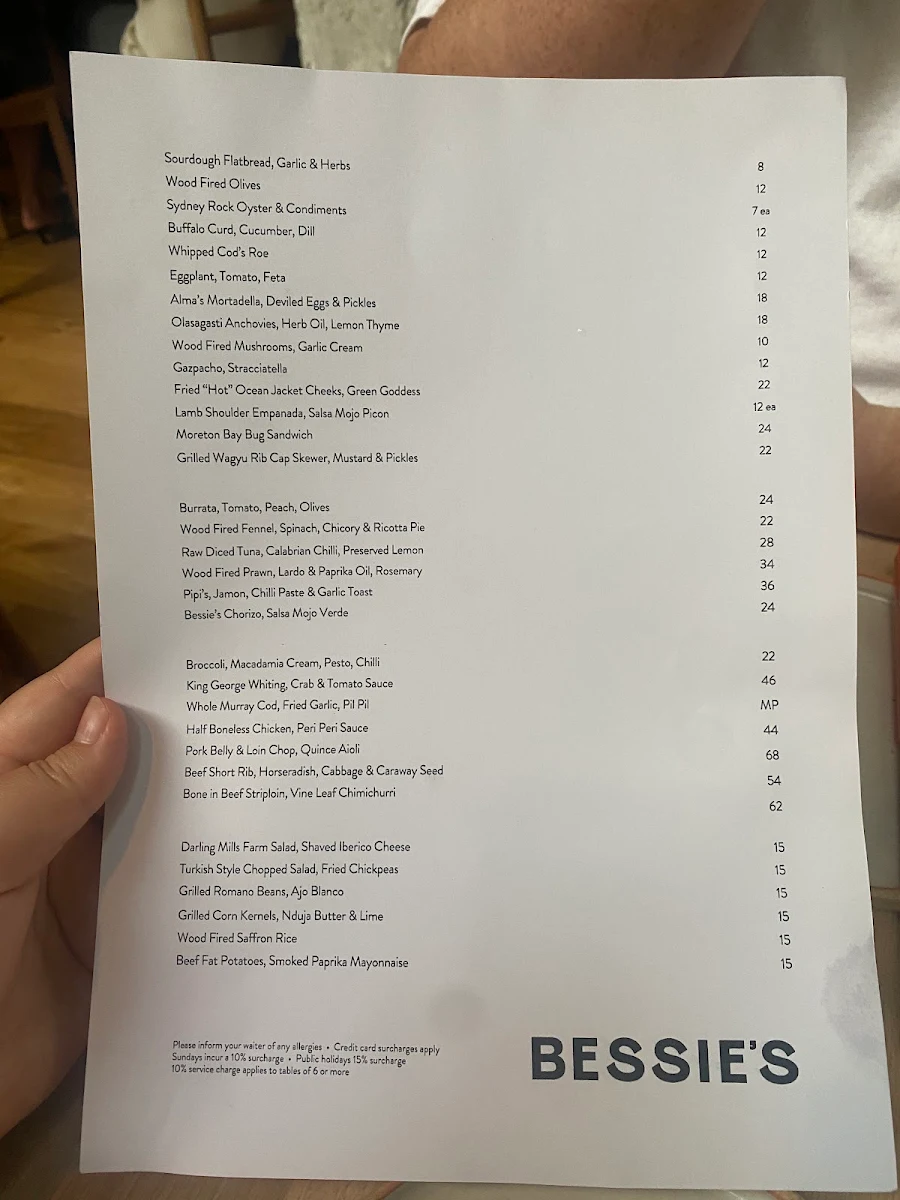 Menu, Bessie's & Alma's