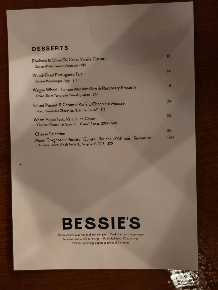 Menu, Bessie's & Alma's