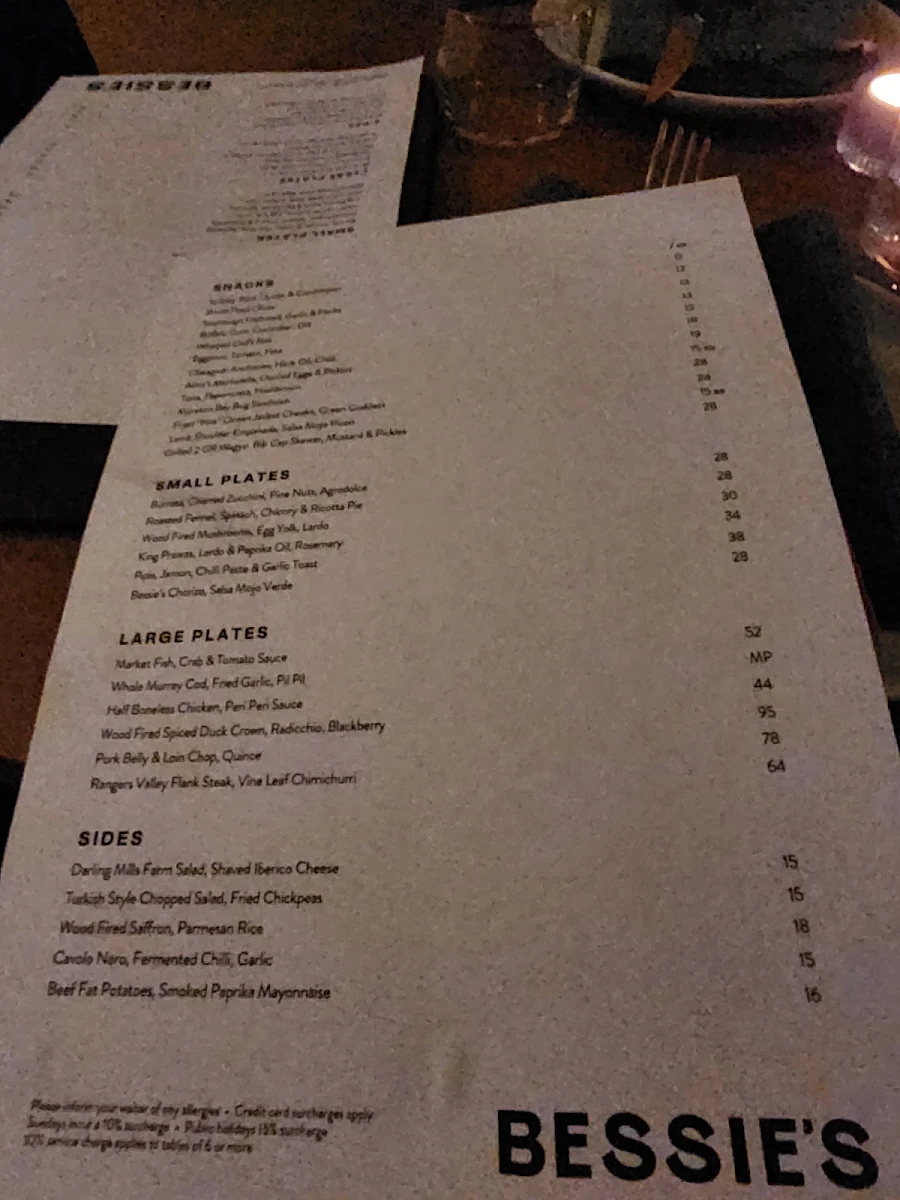 Menu, Bessie's & Alma's