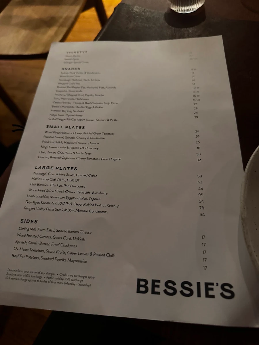 Menu, Bessie's & Alma's