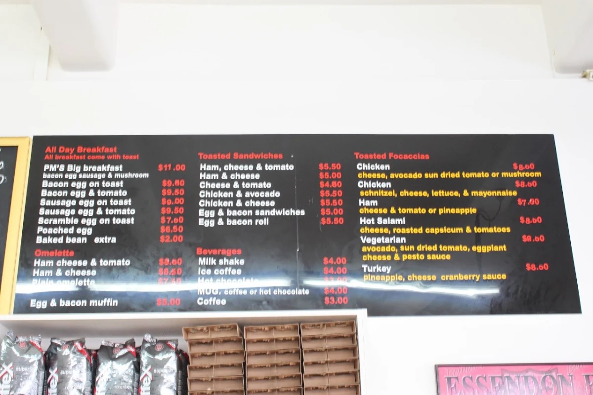 Menu, PM's Cafe