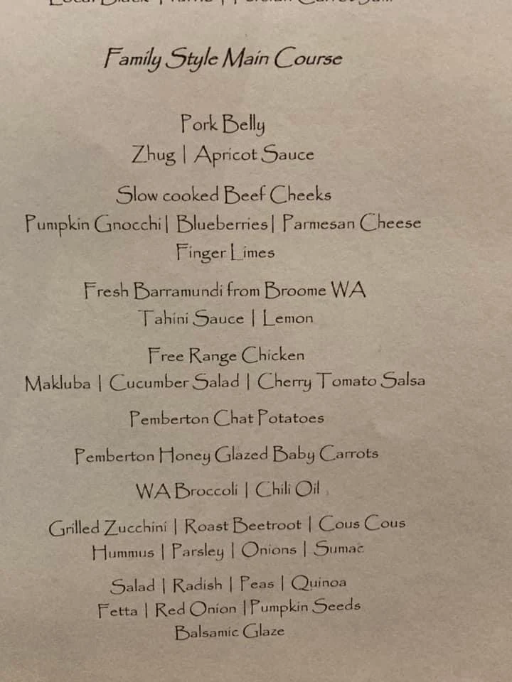 Menu, Hidden River Estate