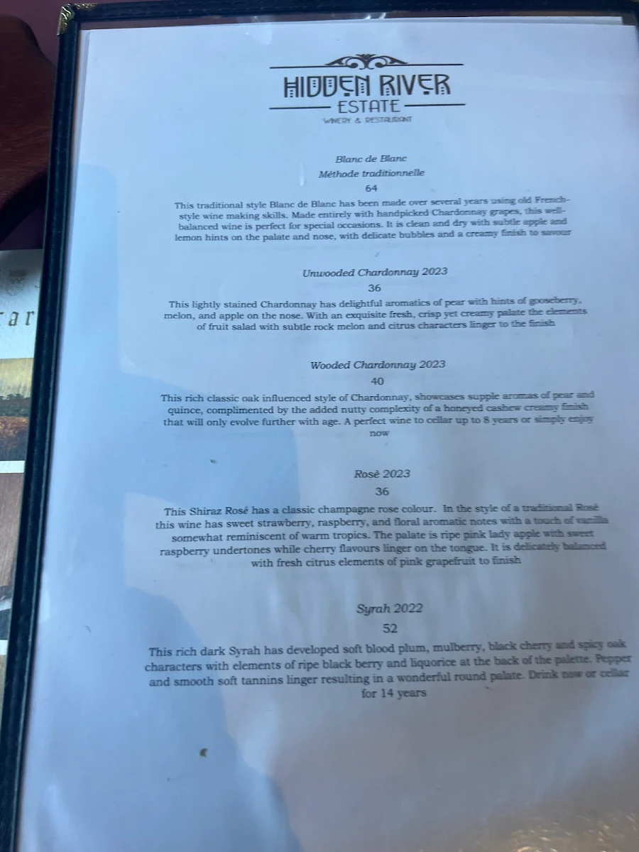 Menu, Hidden River Estate