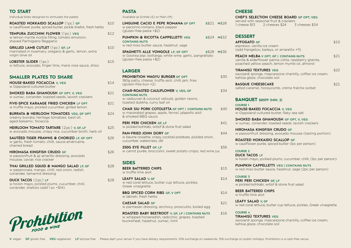 Menu, Prohibition Food and Wine