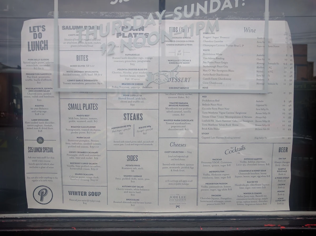 Menu, Prohibition Food and Wine