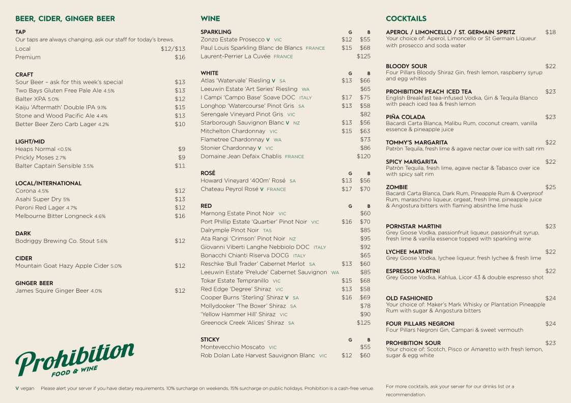 Menu, Prohibition Food and Wine